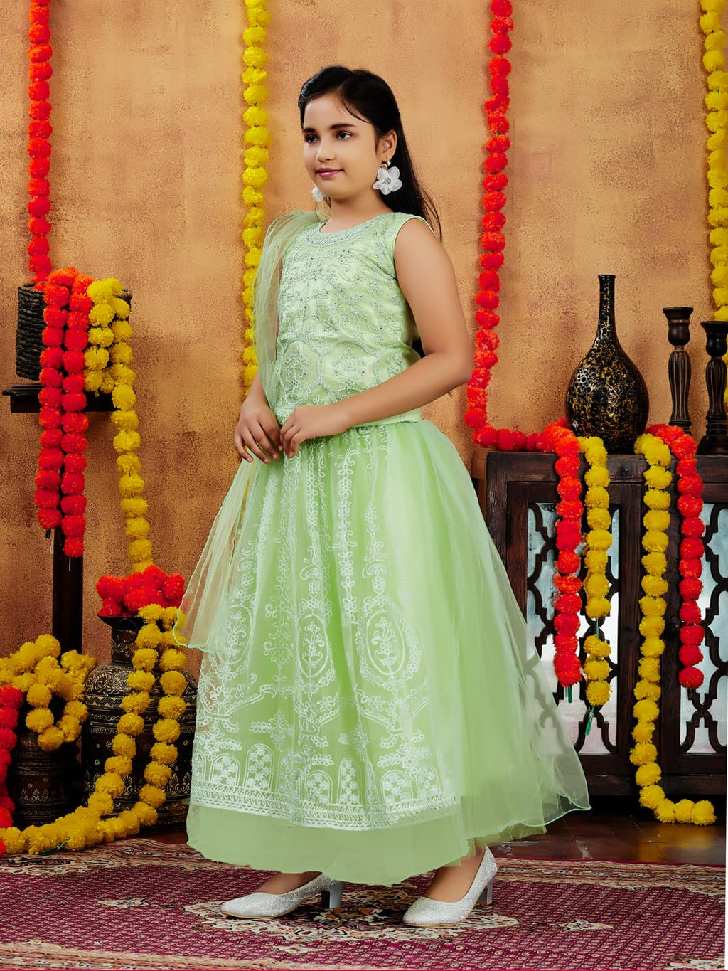 Aarika Girls Ethnic Wear Sea Green Colour Thread Embroidery Net Lehenga Choli Set (4-10 Years)