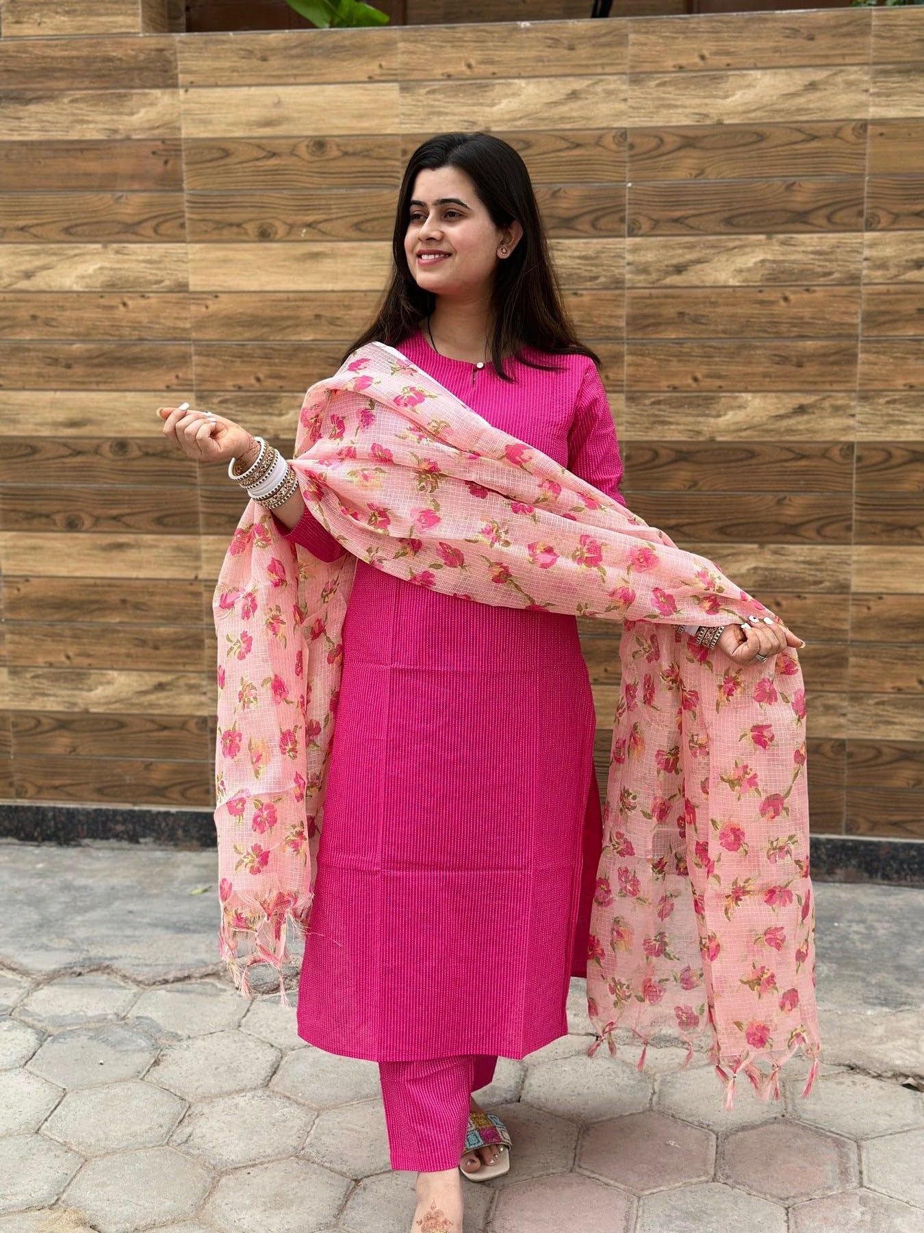 ANNI DESIGNER Ladies Rayon Blend Kurta with Trousers and Dupatta, pink, XL