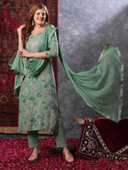 ANNI DESIGNER Women s Kurta Rayon Blend Pants with Dupatta, Green, S