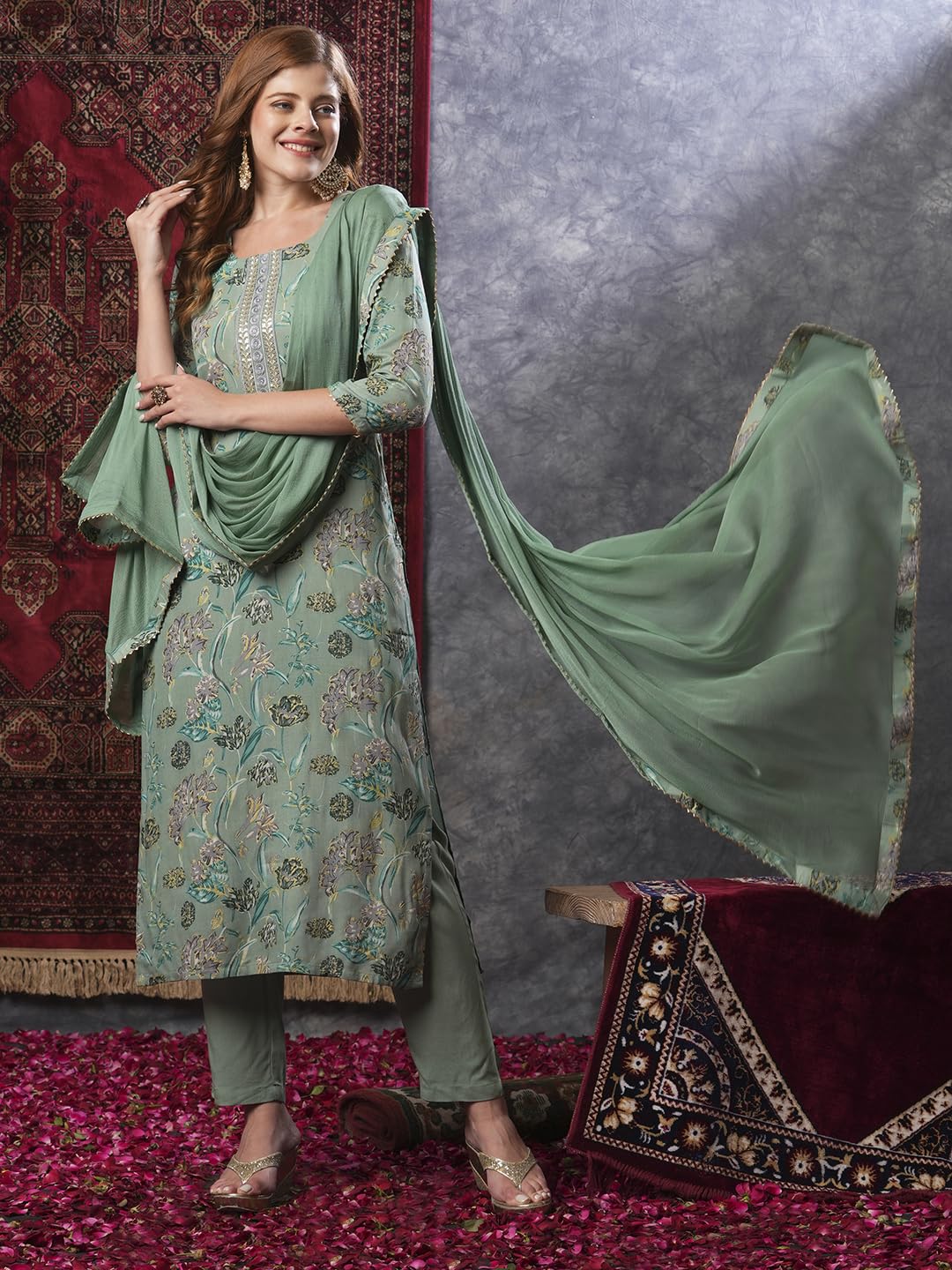 ANNI DESIGNER Women s Kurta Rayon Blend Pants with Dupatta, Green, S