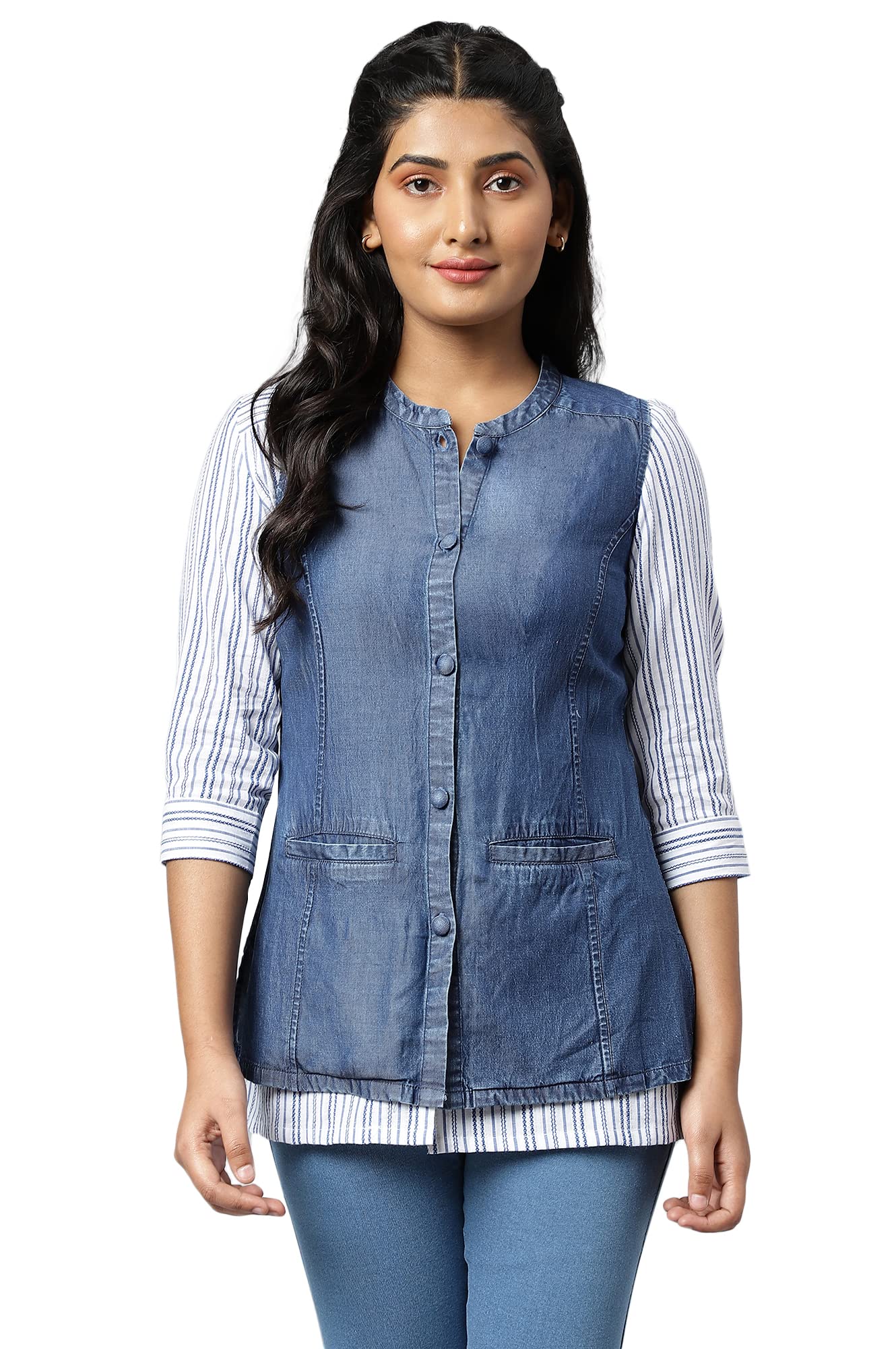 Aurelia Womens Denim Blue Thread Embroidered Sleeveless Jacket (22AUA40085-701334_Dark