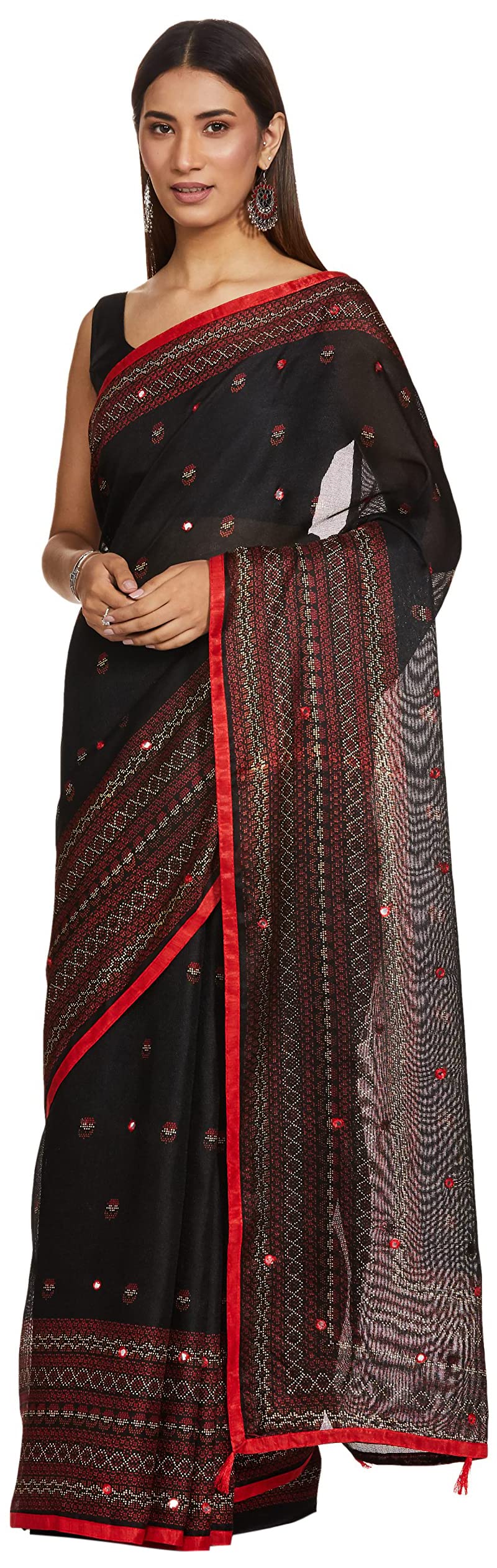 ANNI DESIGNER Womens Jute Silk Printed Mirror Embroidery Black Saree With Blouse