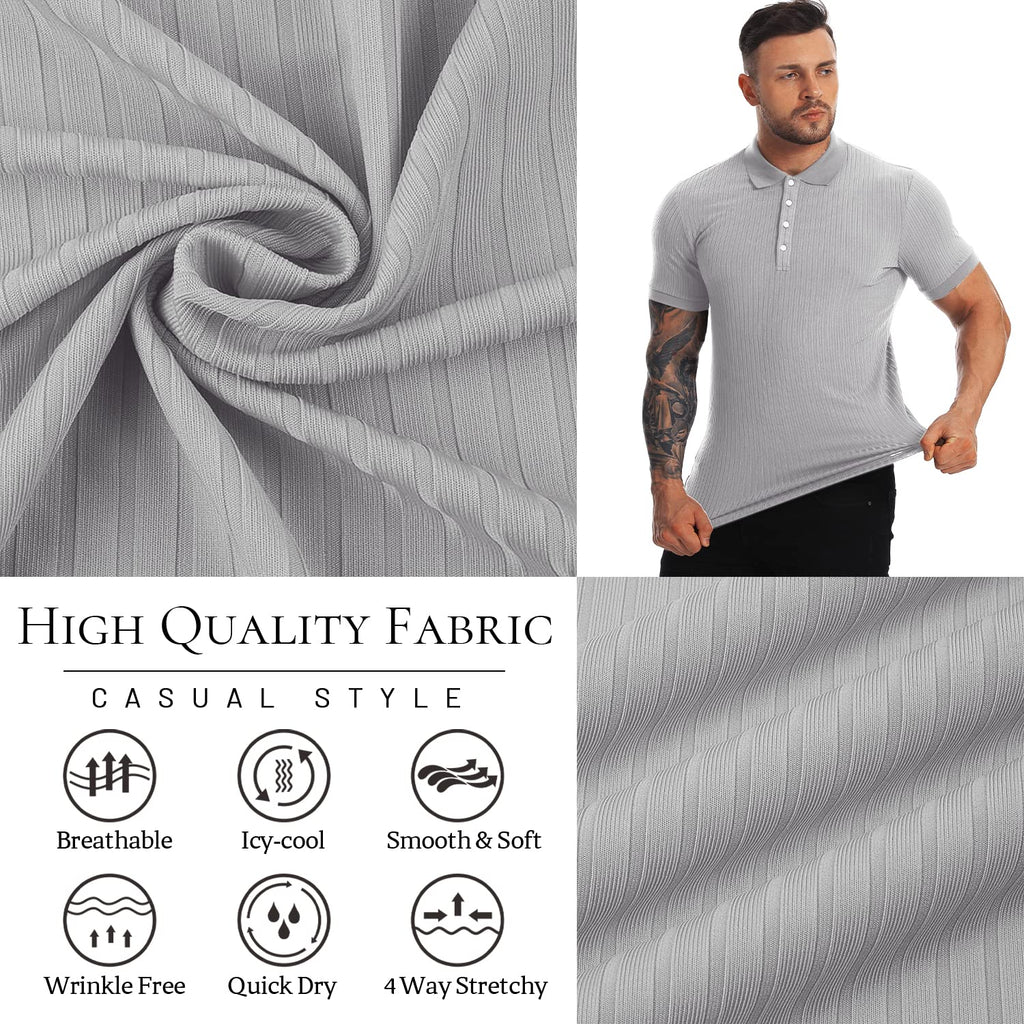 Muscle Polo Shirts for Men Slim Fit Short Sleeve Golf Shirts Men Dry Fit Shirts Casual Stylish Clothes Light Grey