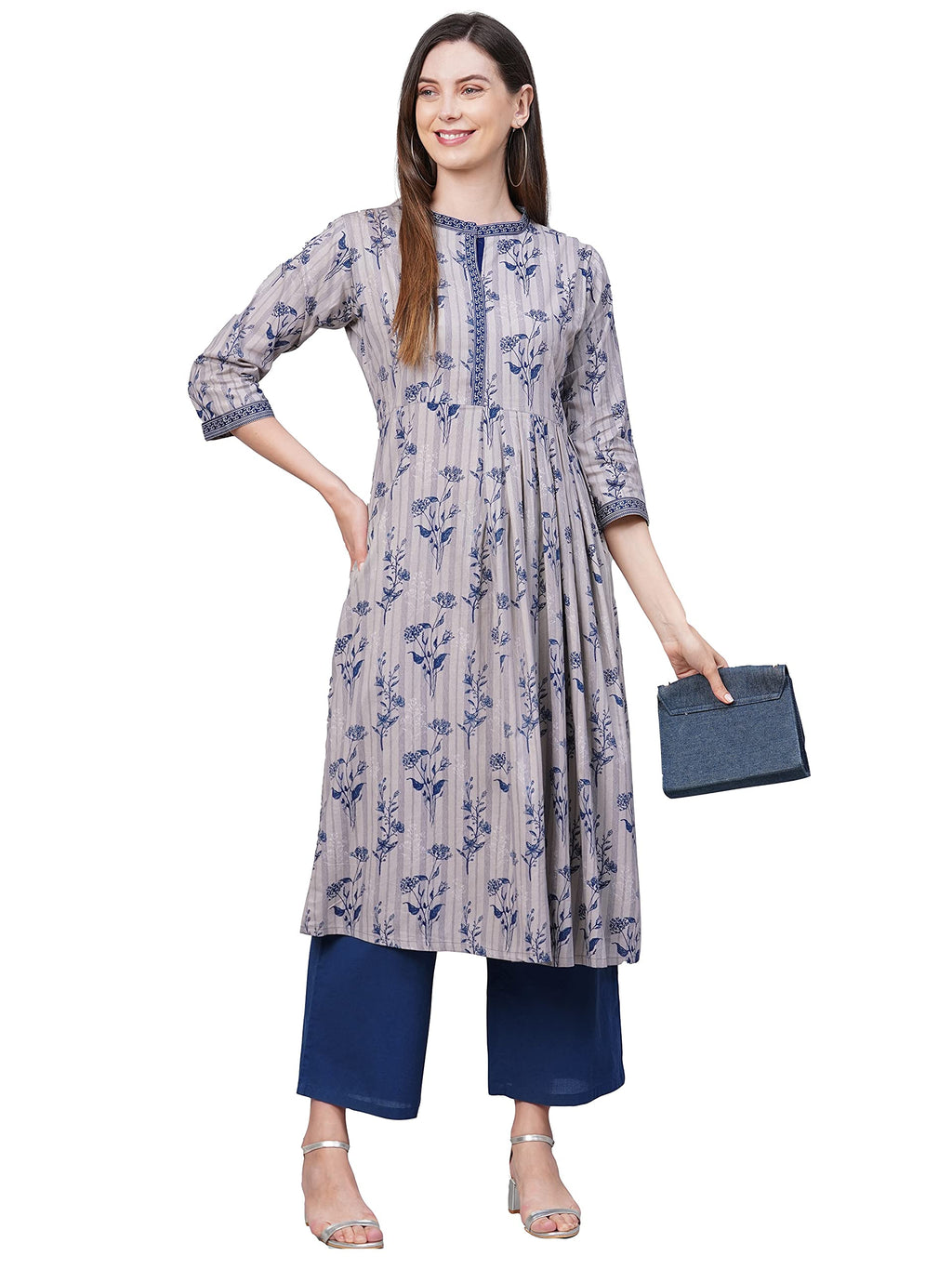 ANNI DESIGNER Women's Pure Cotton Straight Printed (Brian Grey_L-Grey_Large)