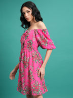 Ketch WomenS Polyester Fit And Flare Mini Dress (Khj6000618_Pink/Green Multi