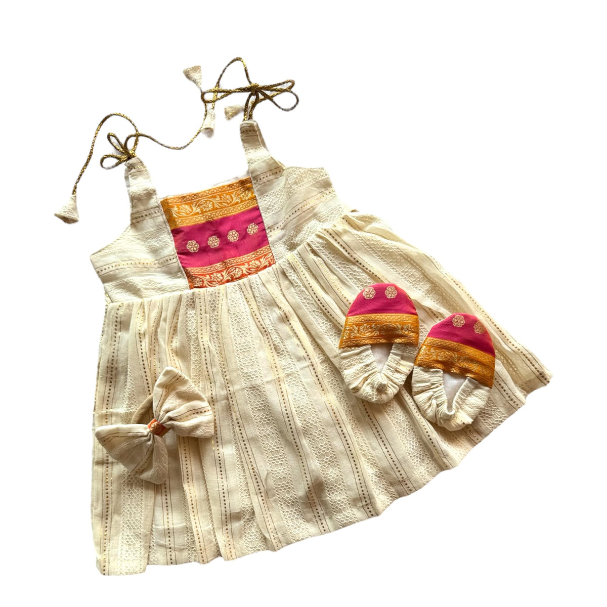 Picksparrow Baby Girl Cotton Lurex DressHeadbandBooties/Irupathettu Set (Multicolored) (Offwhite, 03 Months) 0-3