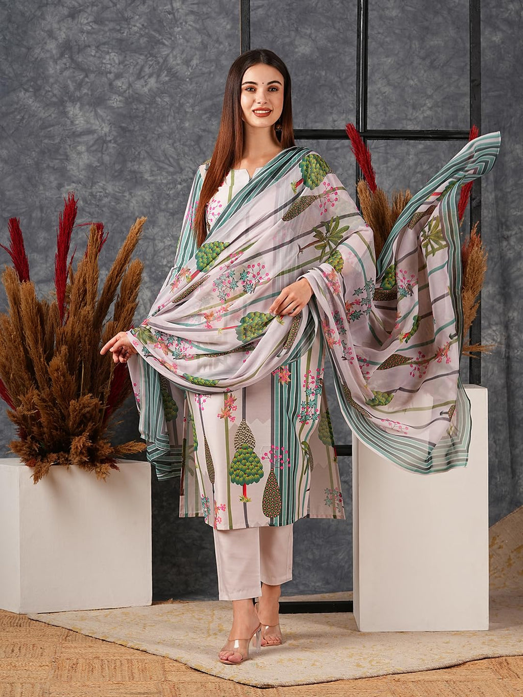 ANNI DESIGNER Ladies Cotton Blend Dupatta Kurta Trousers, green, S