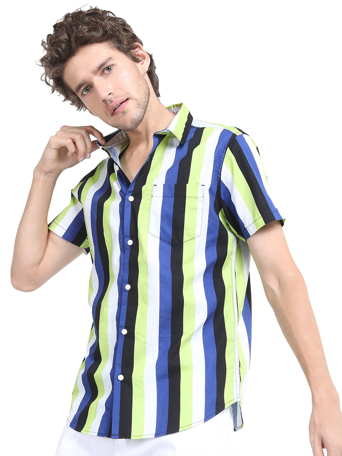 Ketch Men Cotton Striped Slim Fit Shirt (Khsh000813_Blue/Green M)