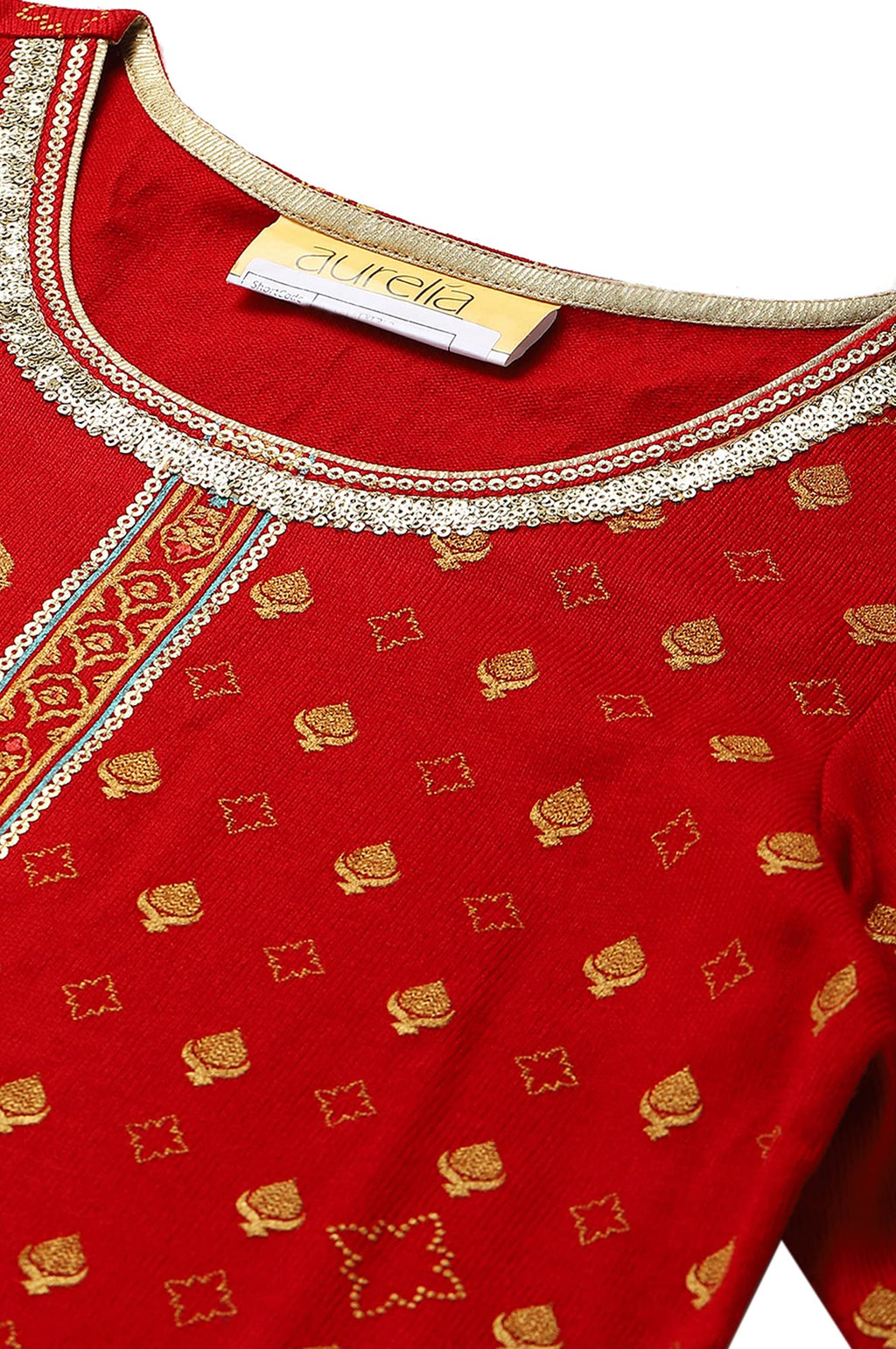 Aurelia Women'S Acrylic Straight Fit Straight Haute Red Floral Printed Kurta