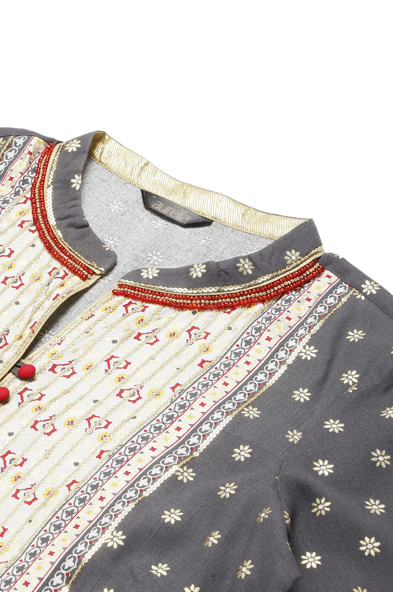 Aurelia Steel Grey Floral Printed Foil Beaded Kurta Dupatta Bottomwear