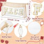 Belanttega Boho Patch GLAM Makeup Bag Clear Toiletry Bag Varsity Letter Travel Cosmetic Bag beige Transparent Waterproof Snacks