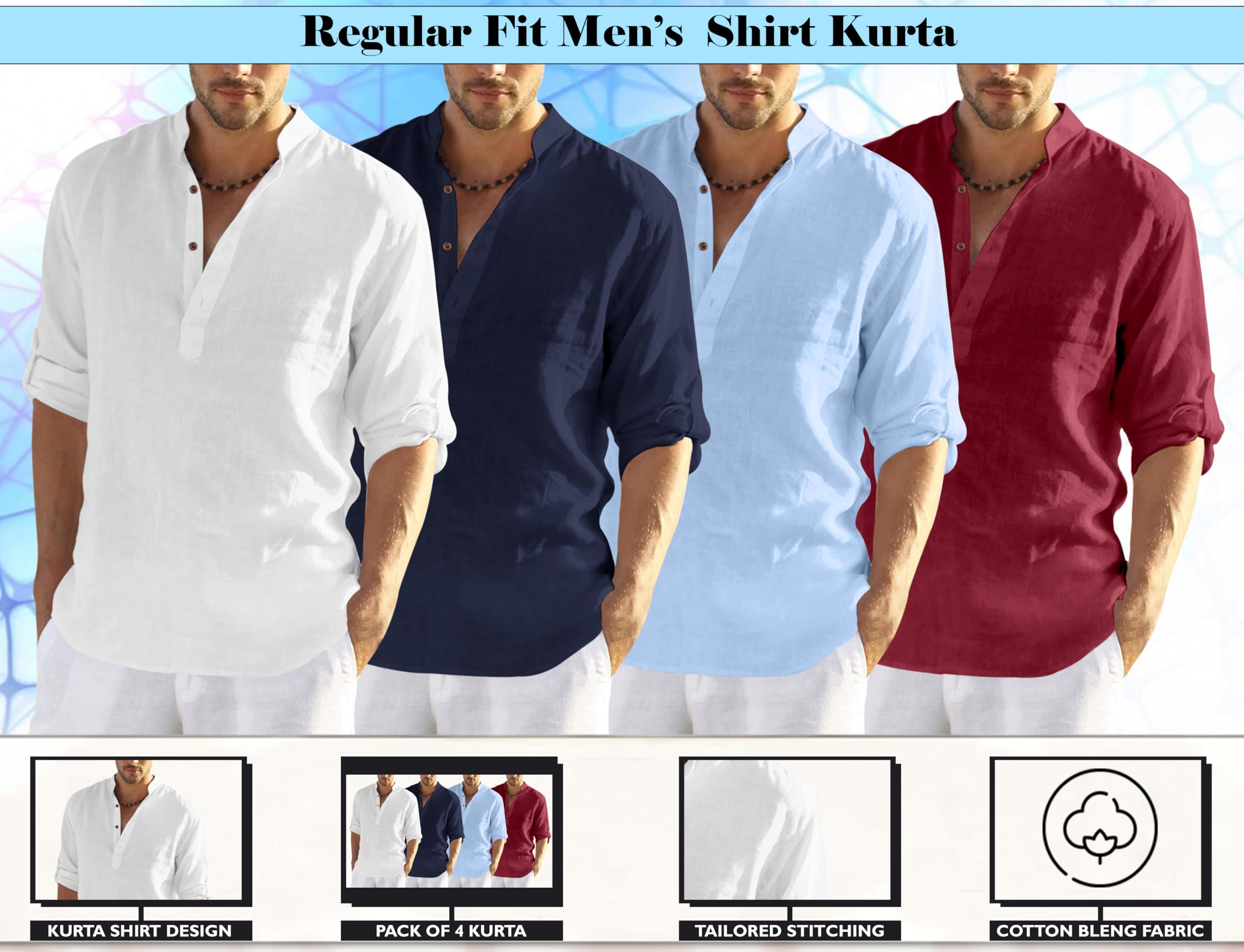 Zombom MenS Cotton Blend Solid Full Sleeve Regular Fit Kurta Shirt, Pack Of 4, Multicolor, Xl