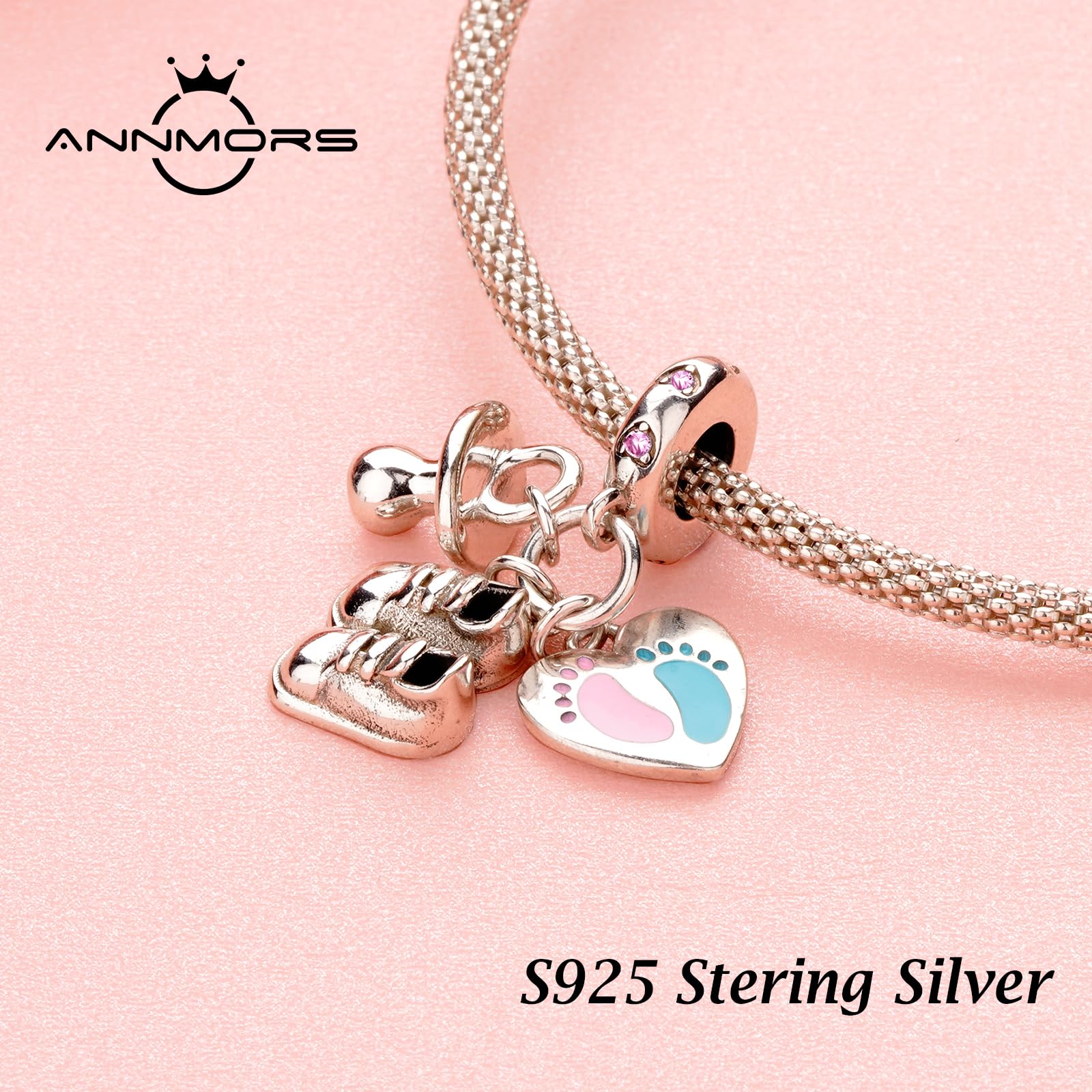 Annmors 925 Sterling Silver Charms fit Bracelets Necklaces Baby's Footprints Bottle Shoes Dangle Beads with 5A Cubic Zirconia Ch