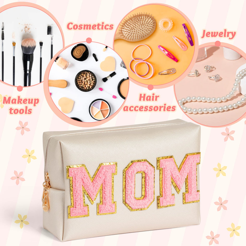 Y1tvei Preppy Patch MOM Varsity Letter Cosmetic Toiletry Bag PU Leather Portable Waterproof Makeup Bag Zipper Pouch Purse Travel