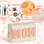 Y1tvei Preppy Patch MOM Varsity Letter Cosmetic Toiletry Bag PU Leather Portable Waterproof Makeup Bag Zipper Pouch Purse Travel
