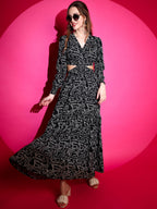 Sheetal Associates WomenS Crepe Fit And Flare Printed Full Sleeve V-Neck Casual Dress Black