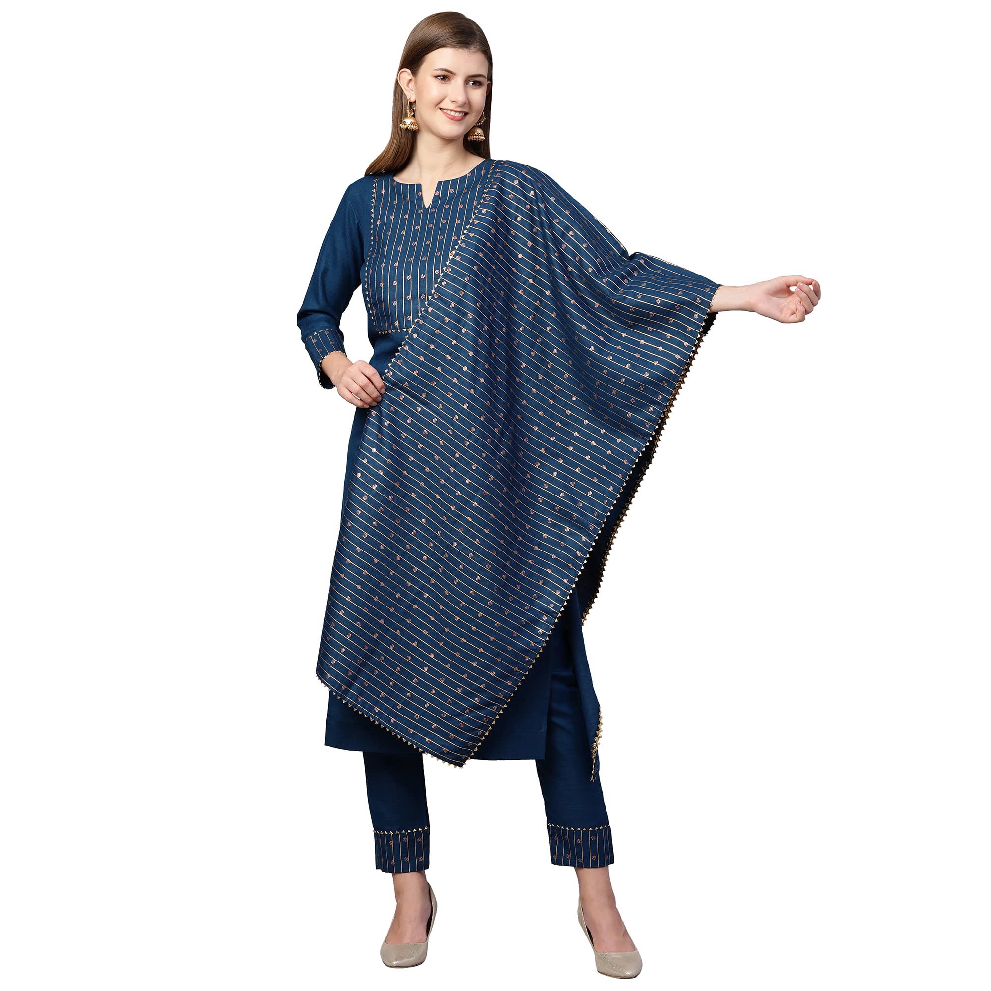 Gosriki Women'S Cotton Straight Kurta With Pant & Dupatta(Kptd-Cot-10052-Blue_L-Go_Blue_Large)