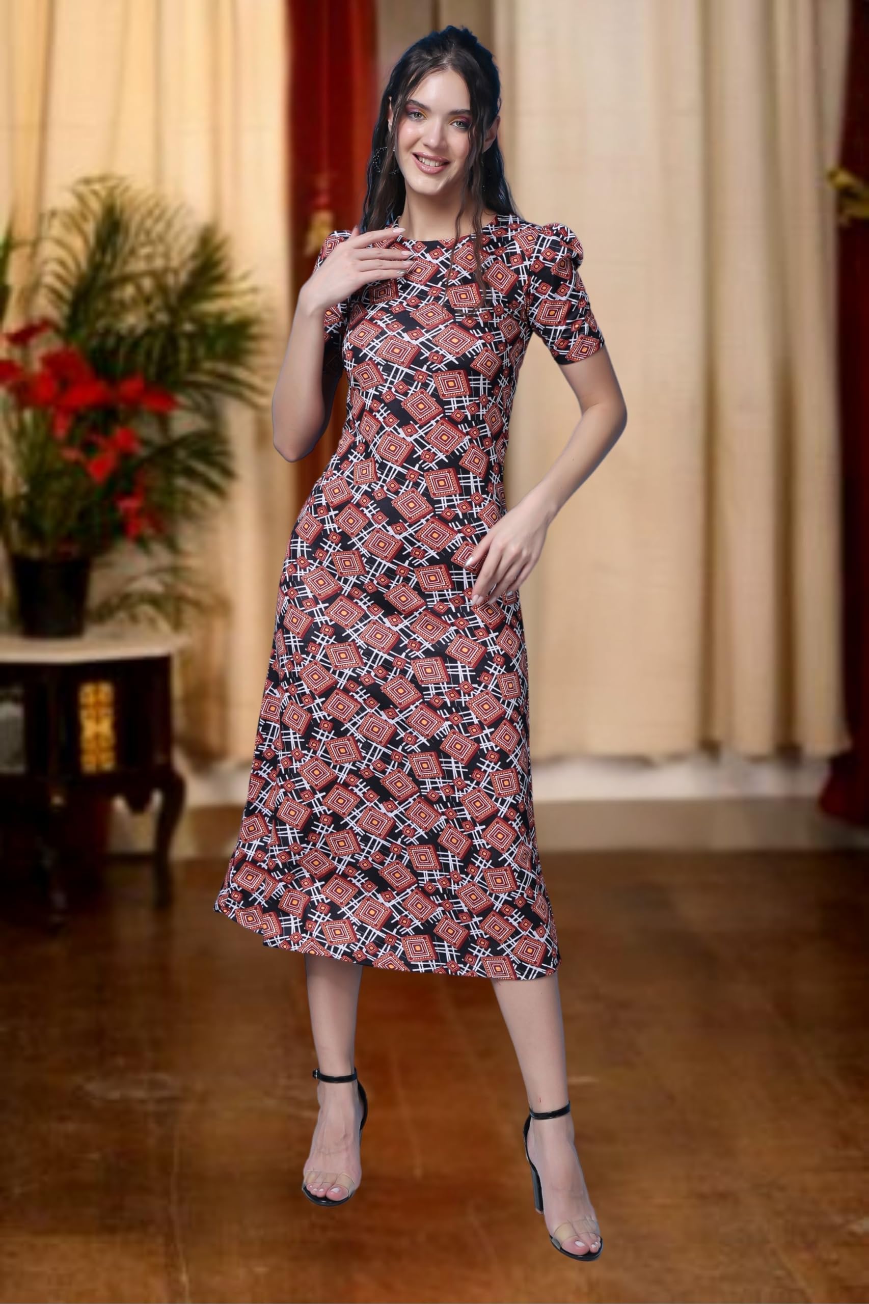 Popwings Casual Abstract Printed Midi Dress For Women | Half-Sleeves Long Dress For Women | Round-Neck Women Stylish Dress Black
