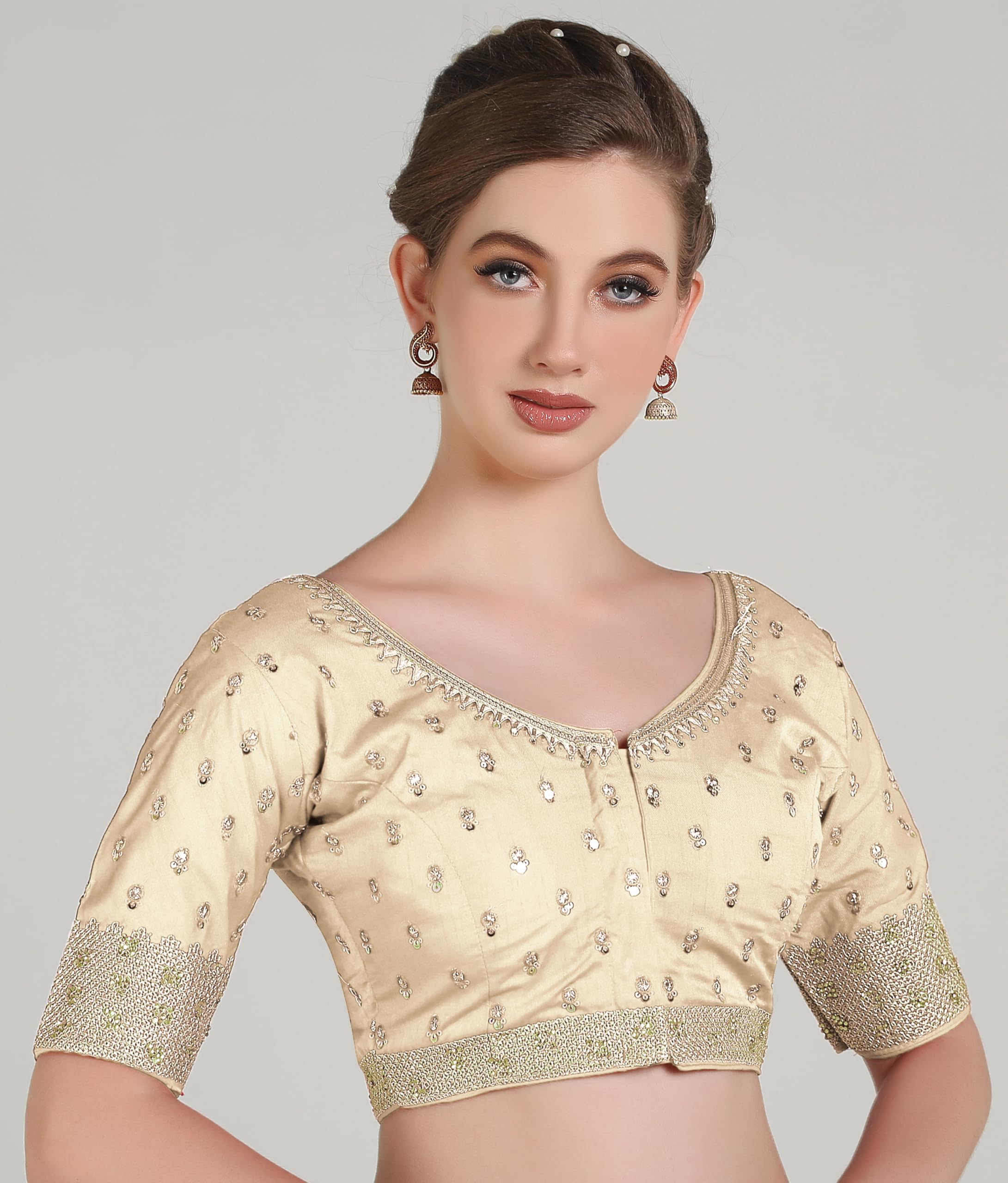 Pujia Mills Women Indian Ethnic Wear Designer Golden Codding With Zari Embroidered Diamond Work Round Neck Half Sleeve Readymade