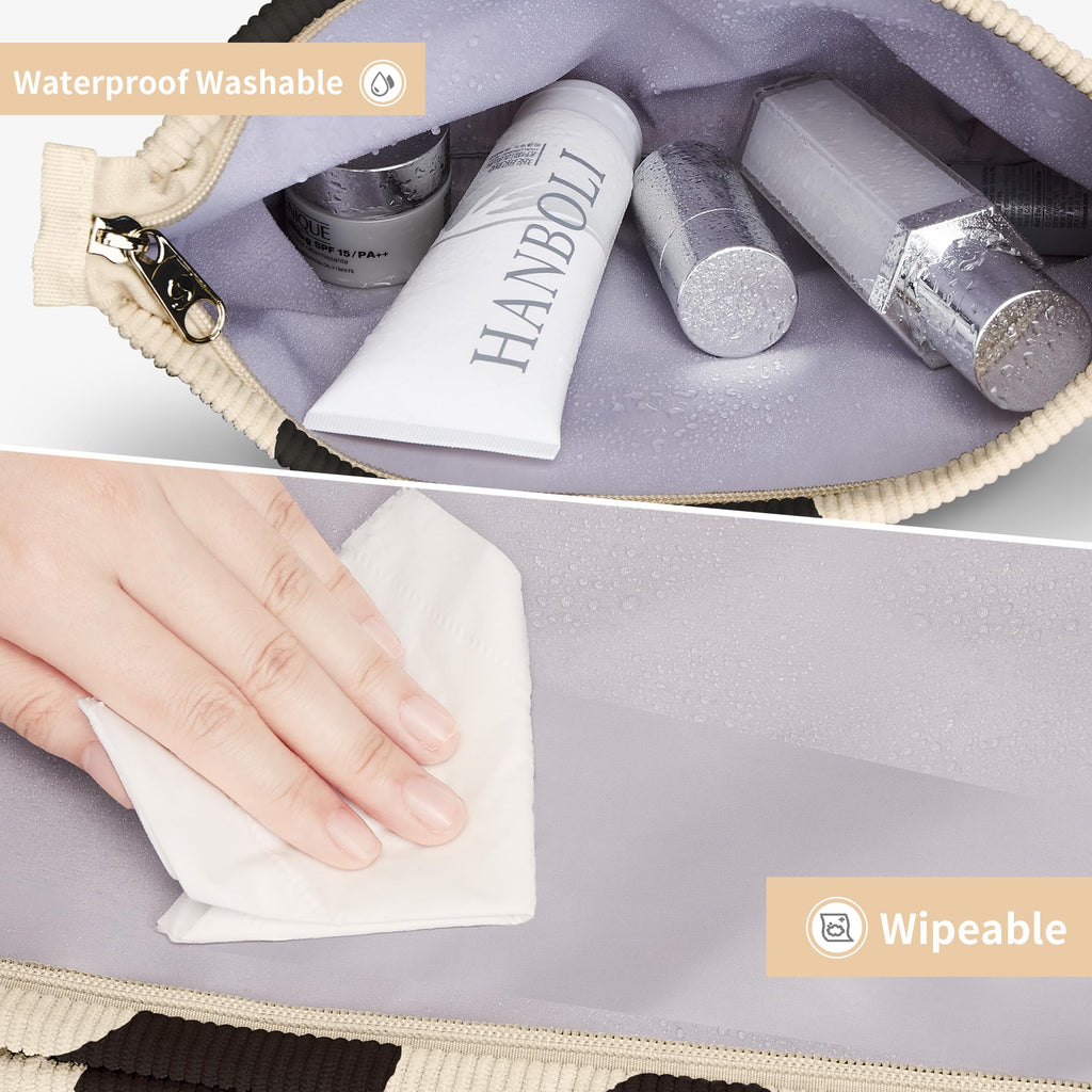 WLLWOO Makeup Bag-2pcs Cow Corduroy Cosmetic Bag Zipper Interior Waterproof Pencil Case Coin Purse Travel Toiletry Small Makeup