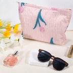 ZLFSRQ Tulip Makeup Bag Travel Cute Pink Flower Floral Cosmetic Bags for Women Large Embroidery Makeup Pouch Zipper Cosmetic Pou