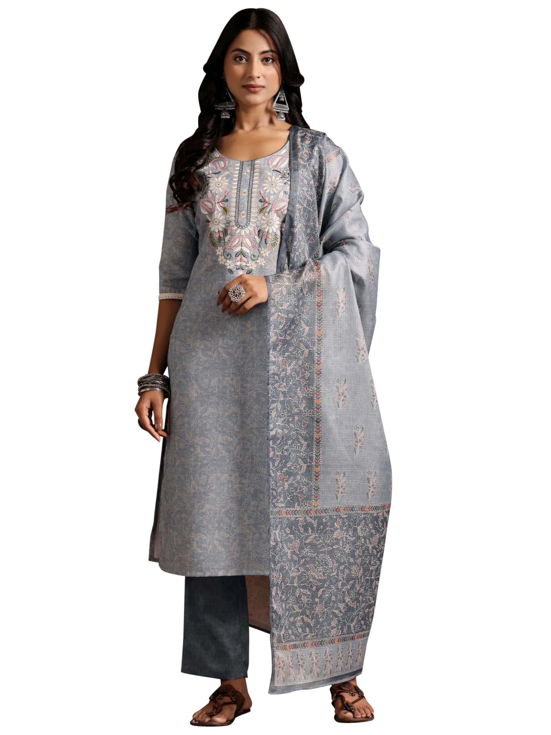 Libas Womens Yoke Design Cotton Straight Kurta With Palazzos And Dupatta