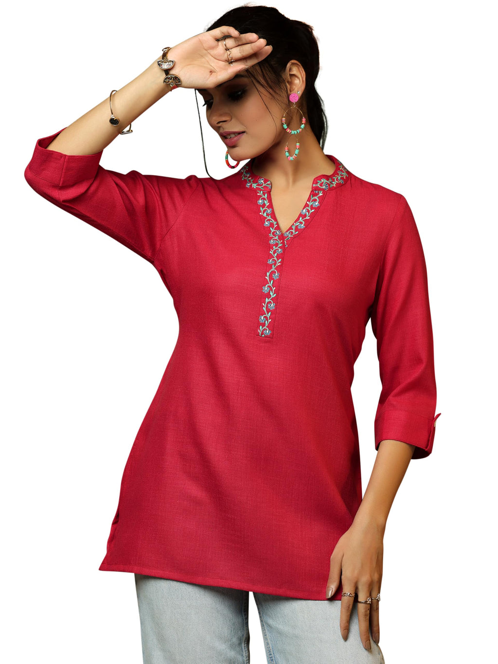 Libas Womens Solid Cotton Blend Straight Kurti For Women Pink