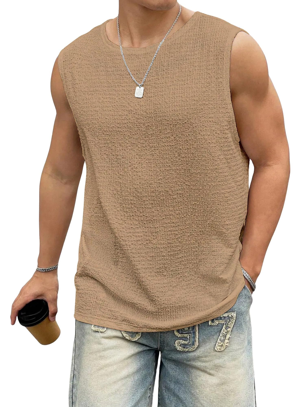 Jump Cuts Mens Web Textured Round Neck Sleeveless Beige Polyester Fabric Vest