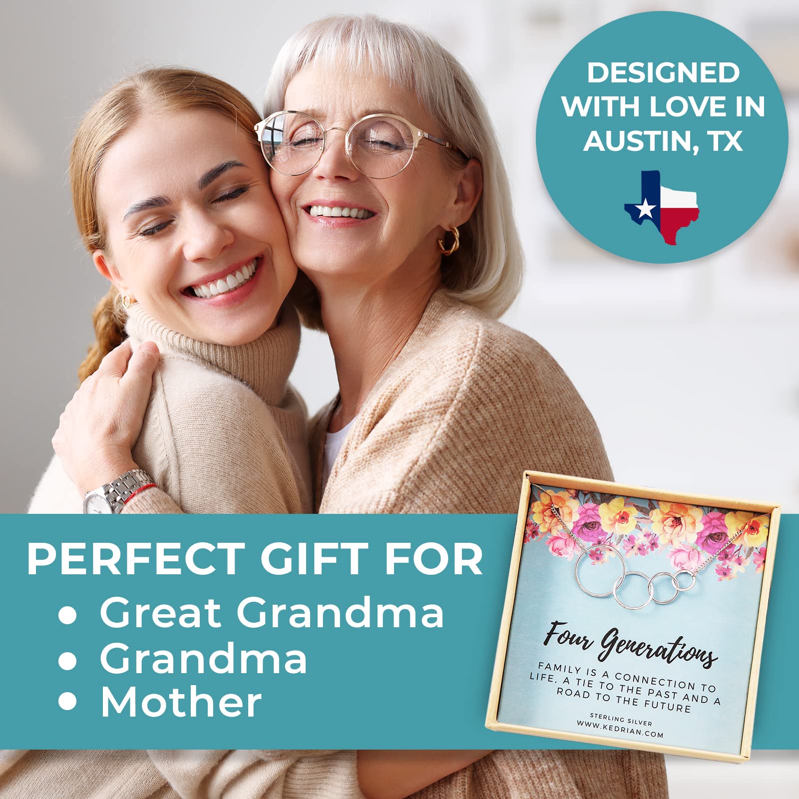 Four Generations Necklace, 925 Sterling Silver, Great Grandma Gifts From Granddaughter, Grandmother Necklace, 4 Generations Neck