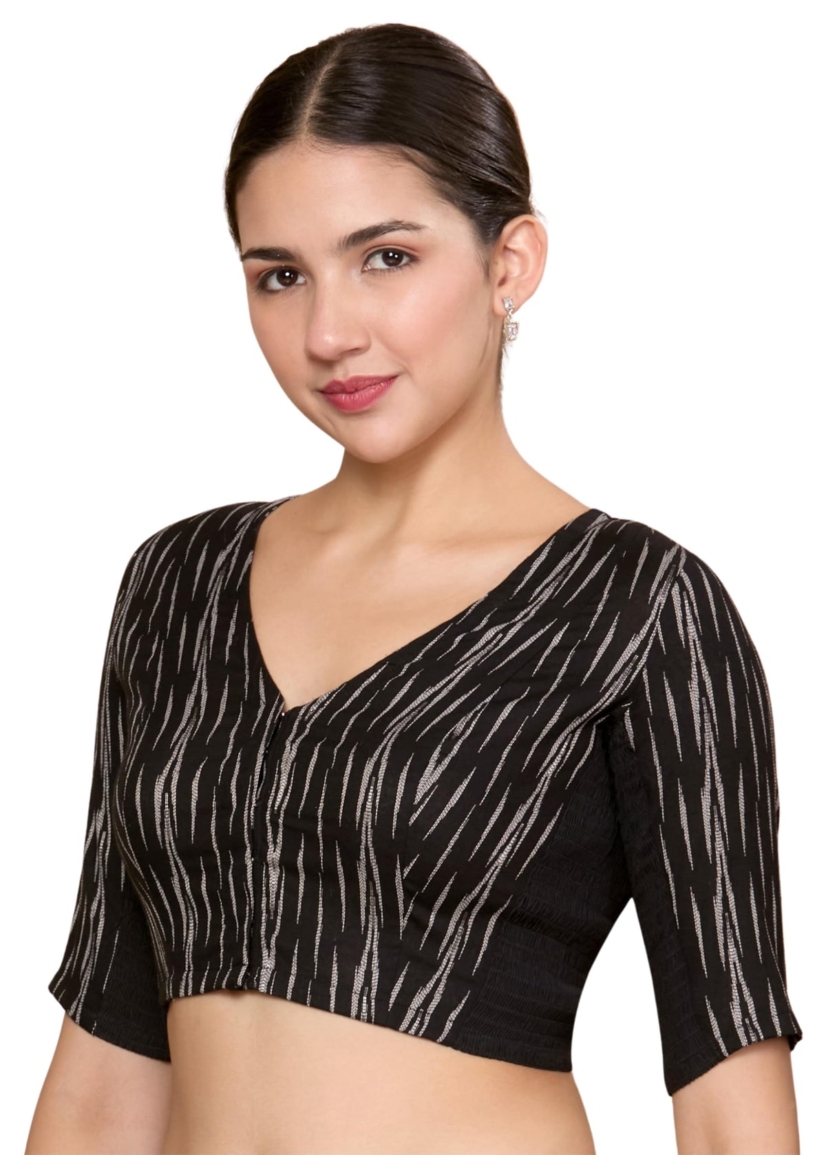 Studio Shringaar Women Cotton Half Sleeve Ikat Stretchable (Smocked) Readymade Saree Blouse (Black, 34) 34