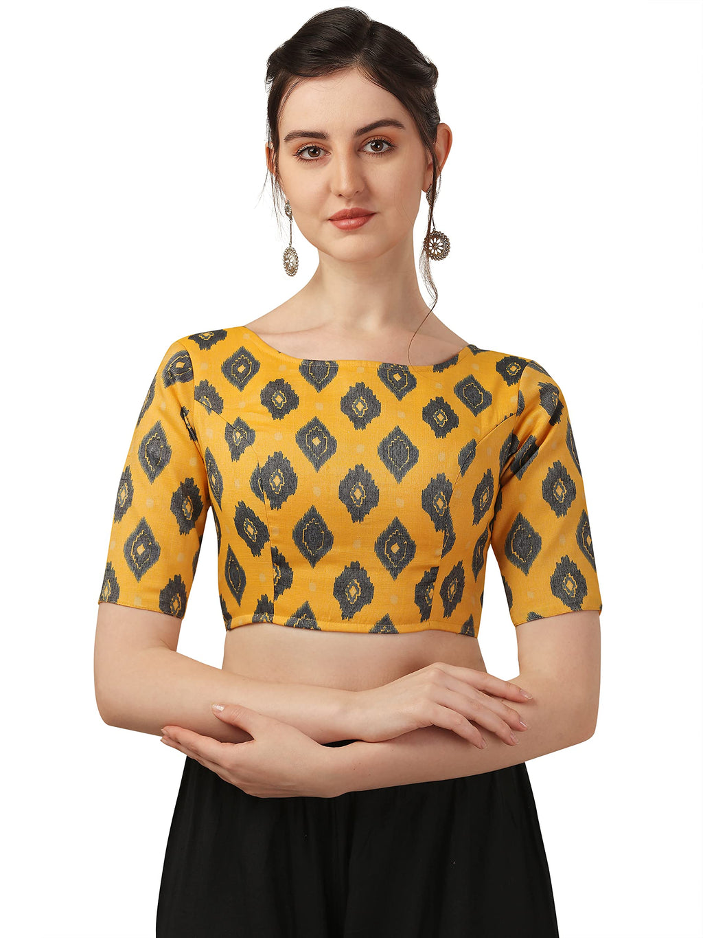 Oomph! WomenS High-Neck Cotton Rayon Paisley Print Aari Work Ethnic Wear Half Sleeve Saree Blouse - Yellow