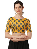 Oomph! WomenS High-Neck Cotton Rayon Paisley Print Aari Work Ethnic Wear Half Sleeve Saree Blouse - Yellow