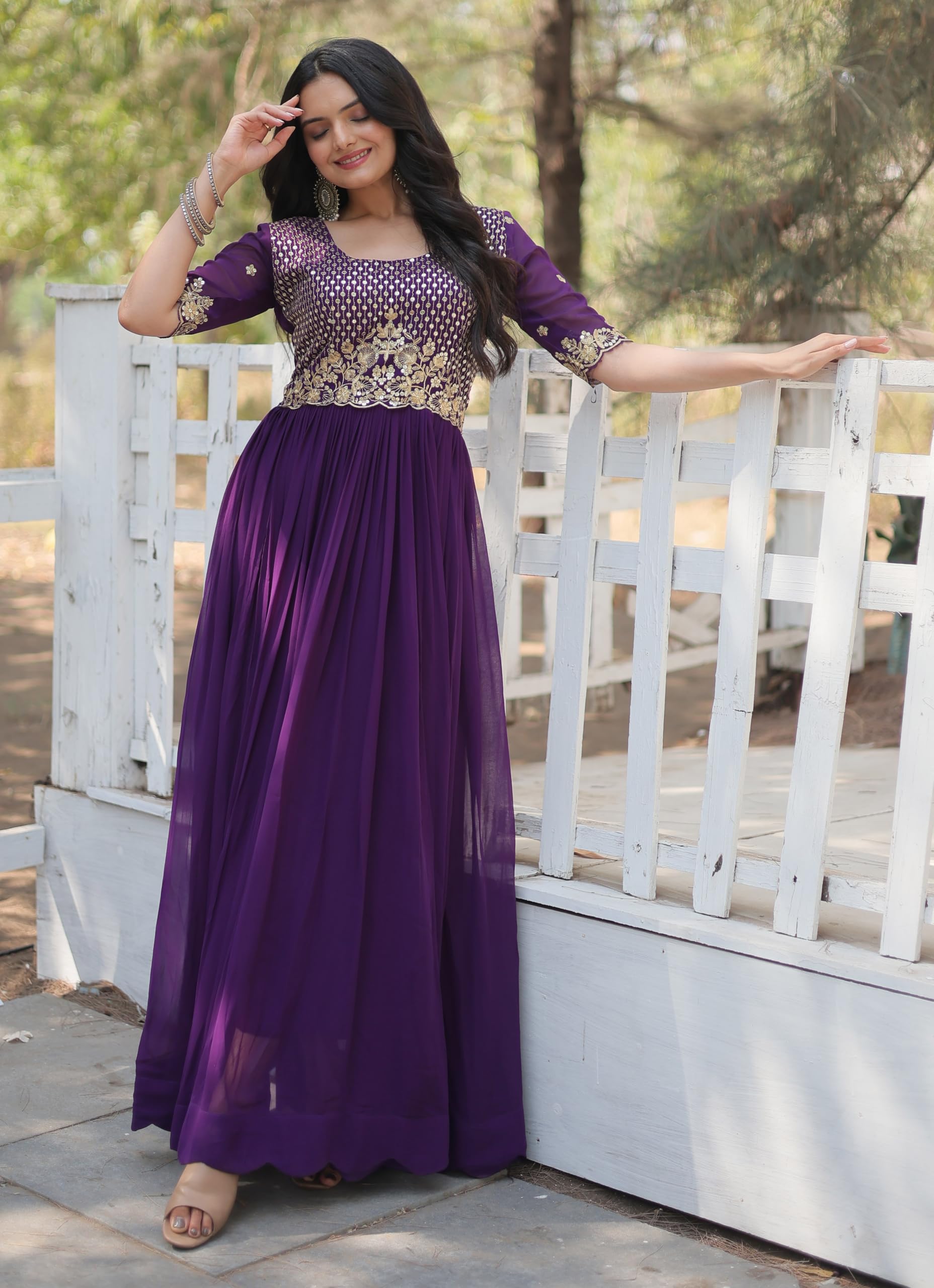 Fashion Basket Purple Georgette Anarkali Dress with Embroidery Work for Women