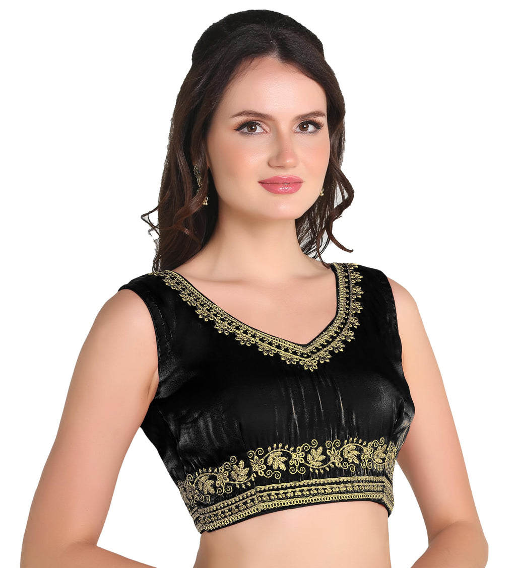 Pujia Mills Womens Sequin Embroidered V Neck Sleeveless Readymade Saree Blouse Indian Ethnic Designer Stitched Readymade Saree 