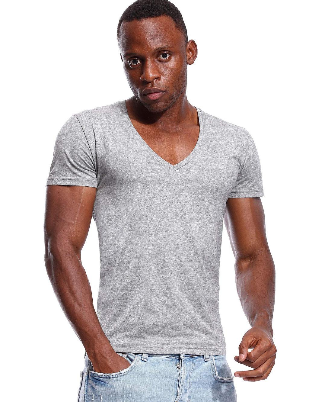 Deep V Neck T Shirt for Men Low Cut Vneck Tee Invisible Tshirt Vee Top Gray S