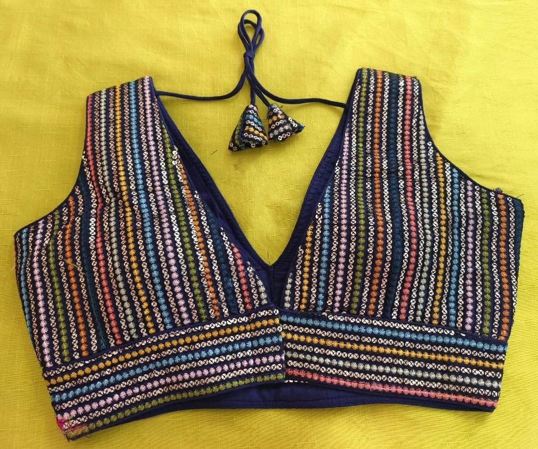 Pujia Mills WomenS Sleeveless Sabyasachi Pattern V Neck Embroidery Work With Sequence Indian Ethnic Wear Readymade Saree Blouse
