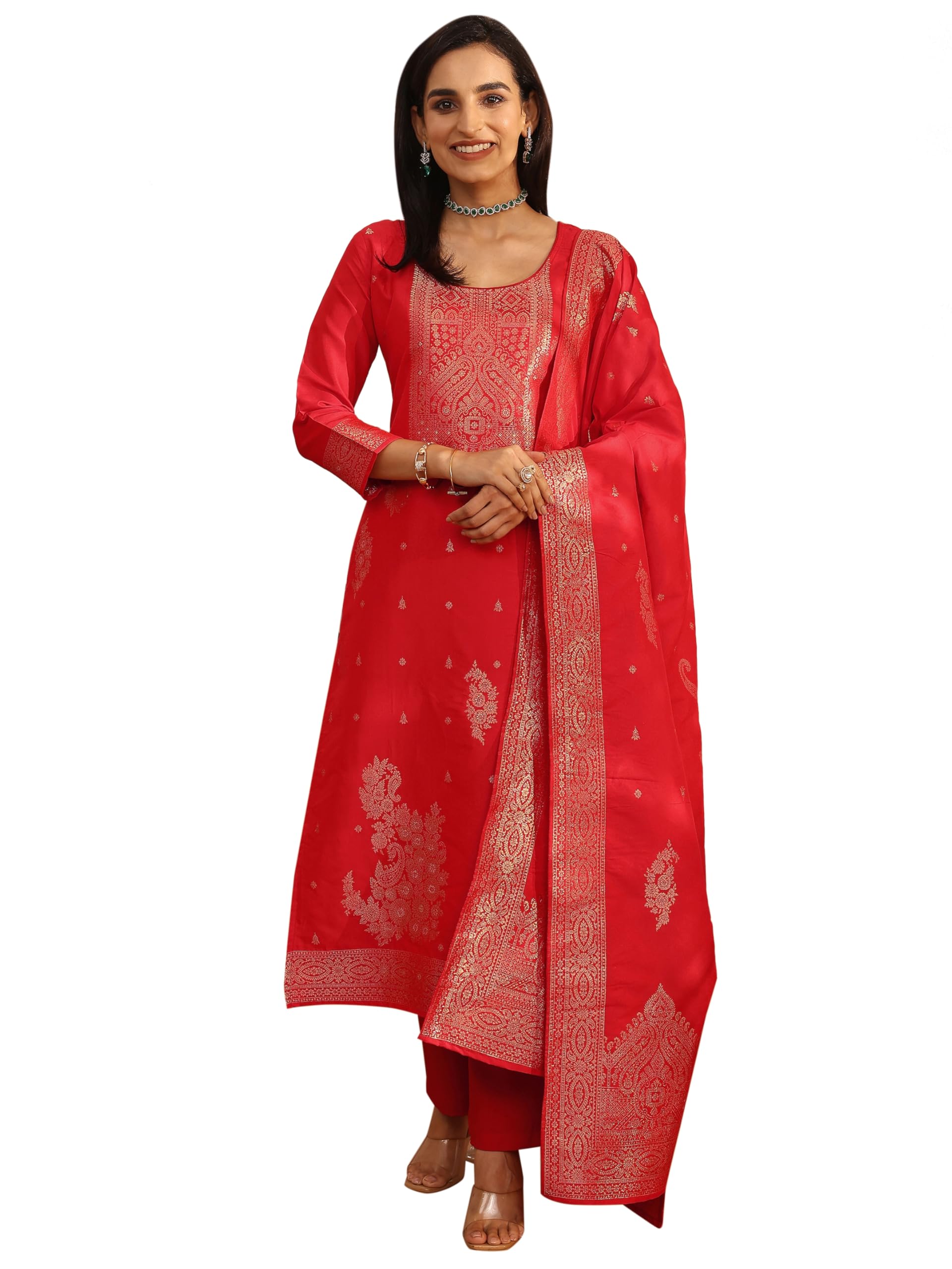 Libas Woven Design Silk blend Straight Kurta With Trousers With Dupatta (51611S)