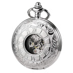 TREEWETO Men's Women's Pocket Watch Steampunk Skeleton Mechanical Silver Fob Retro Watches Double Case