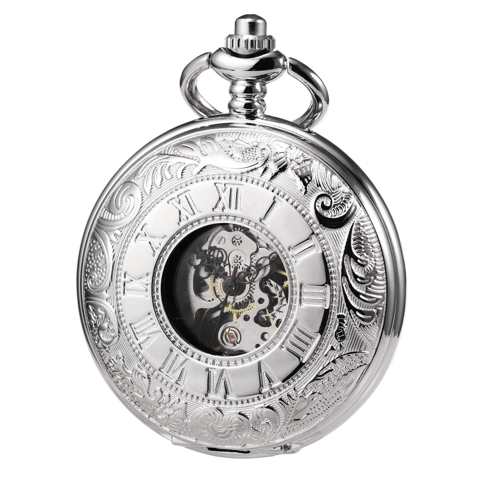 TREEWETO Men's Women's Pocket Watch Steampunk Skeleton Mechanical Silver Fob Retro Watches Double Case