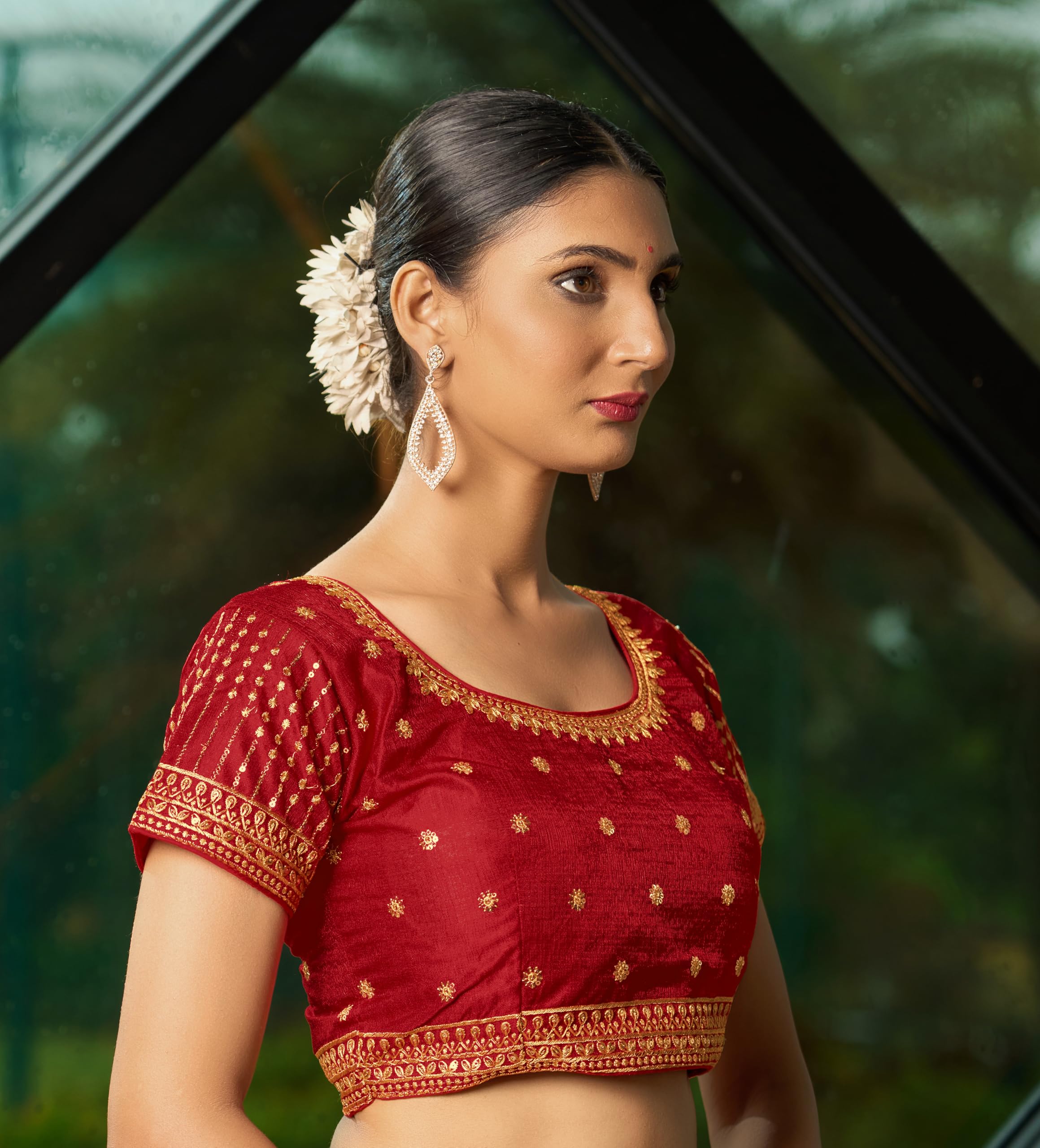 Pujia Mills WomenS Red Readymade Blouse Embroidery Multi Coding Gold Thread Indian Ethnic Designer Blouse Stitched WomenS Read