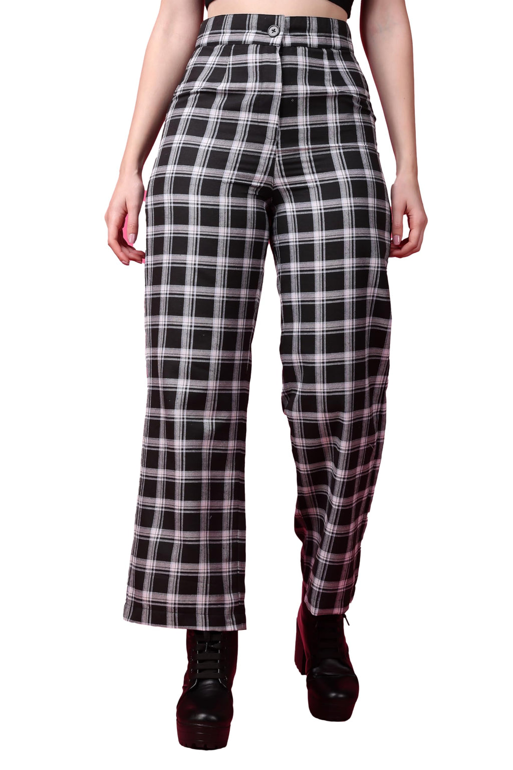 POPWINGS Casual Check Print Button and Zip Closure Trouser for Women | Western Wide-Leg Trouser for Women | Summer Trousers for 