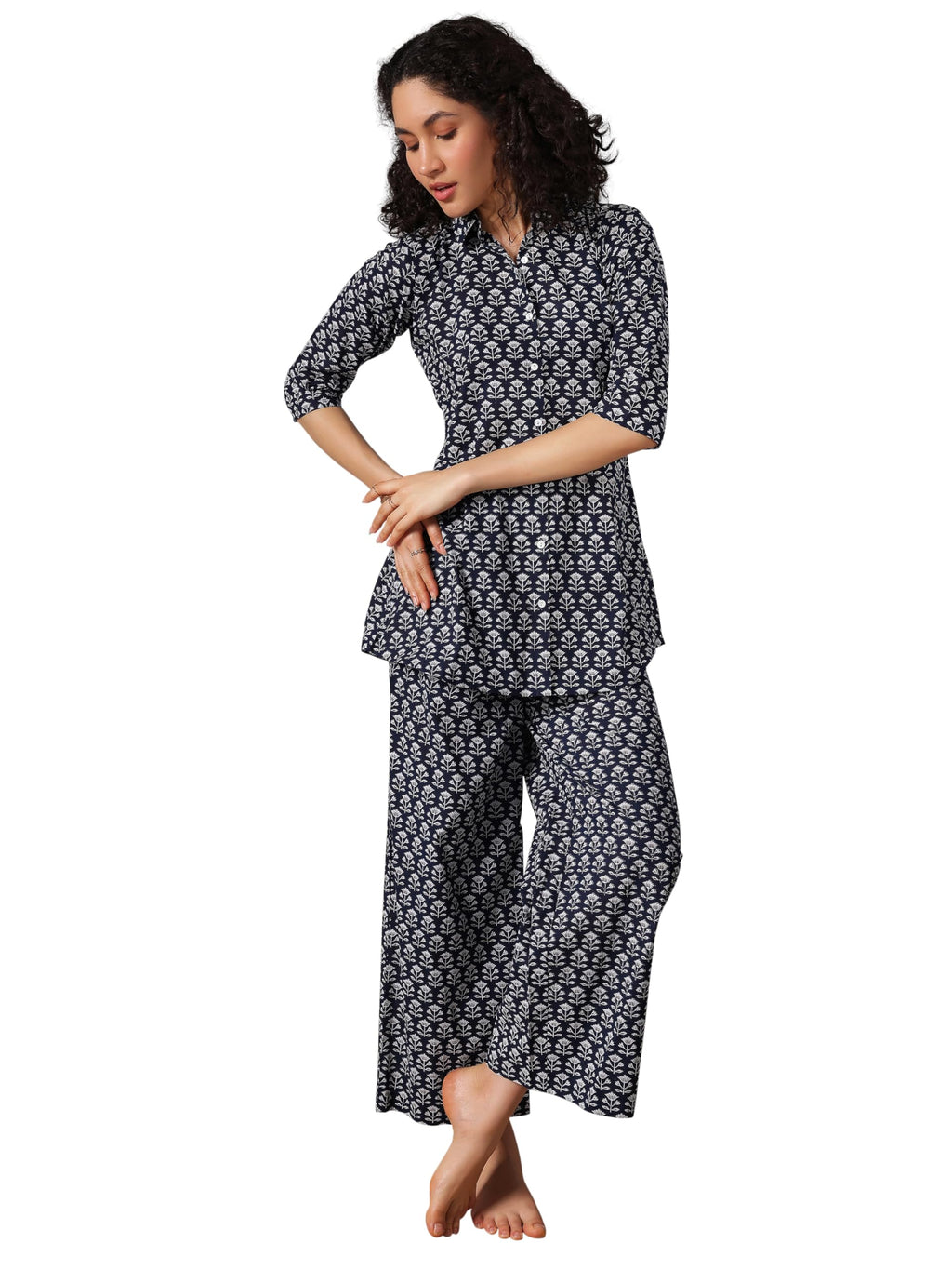 Libas Navy Blue Floral Printed A-Line Shirt With Printed Pajamas Night Suit
