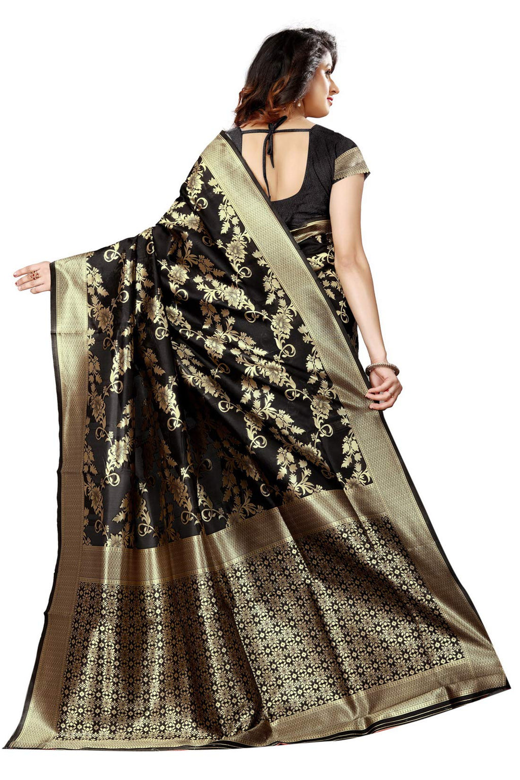 Shasmi Black and Golden Silk Blend Kanchipuram Jacquard Woven Designing Saree for Women