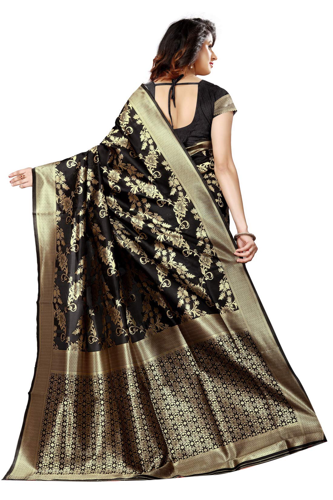 Shasmi Black and Golden Silk Blend Kanchipuram Jacquard Woven Designing Saree for Women