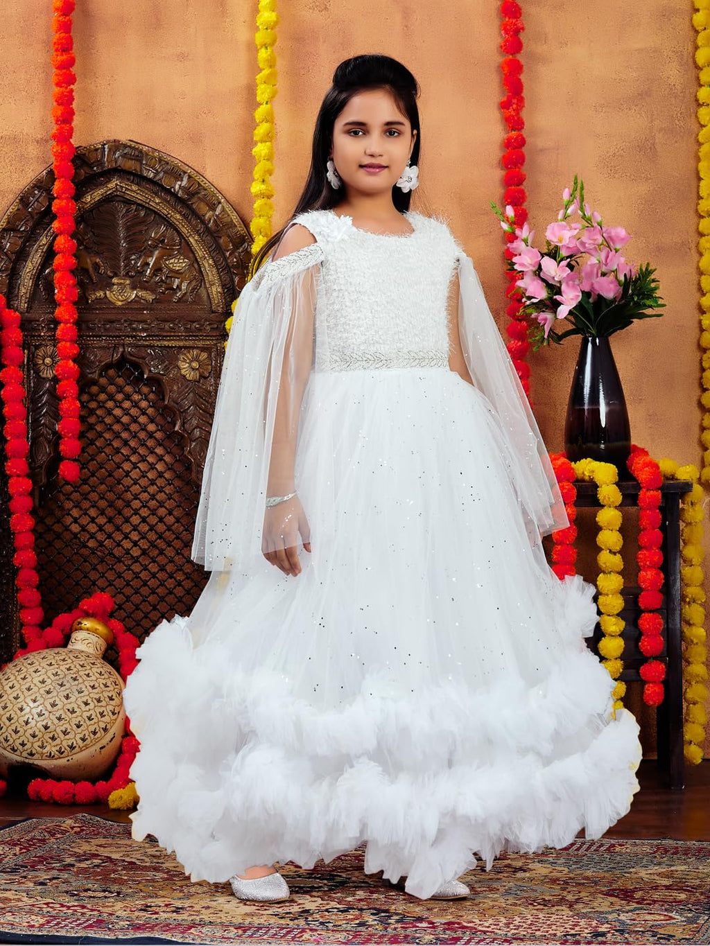 Aarika Girls White Colour Emballished Net Gown (4-11 Years)