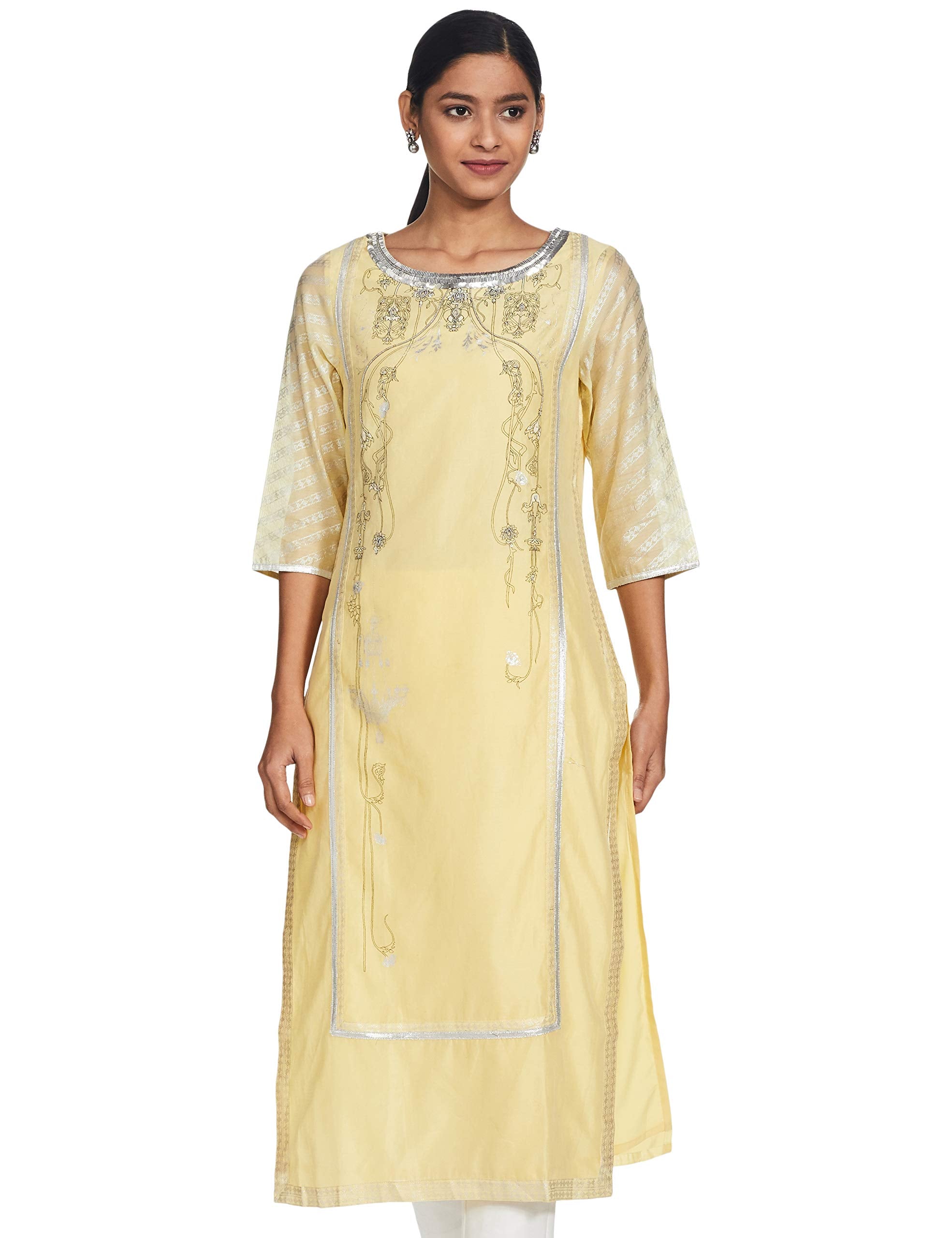 W For Woman Asymmetrical Hemline Cotton Kurta (18Fes11769-50089_Yellow_6)