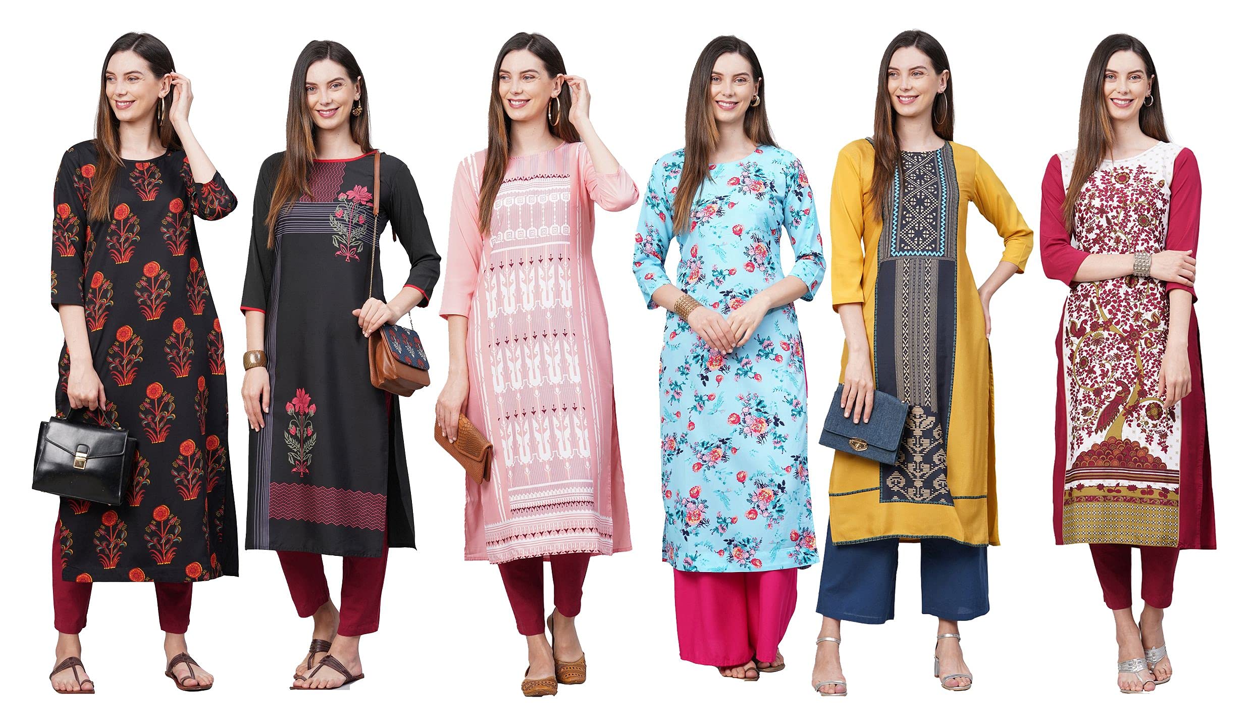 ANNI DESIGNER Women's Crepe Straight Printed Kurta Pack of 6 (Crepe Combo-6_5_L_Newly_Multicolor_Large)