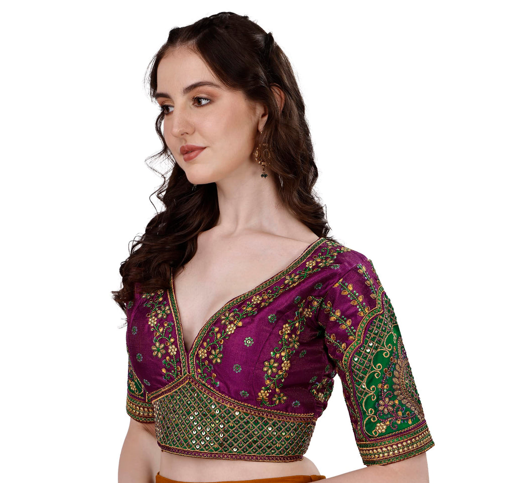 Pujia Mills Womens Heavy Embroidery Coding with Sequins Work 3/5 Sleeves Fancy Readymade Saree Blouse