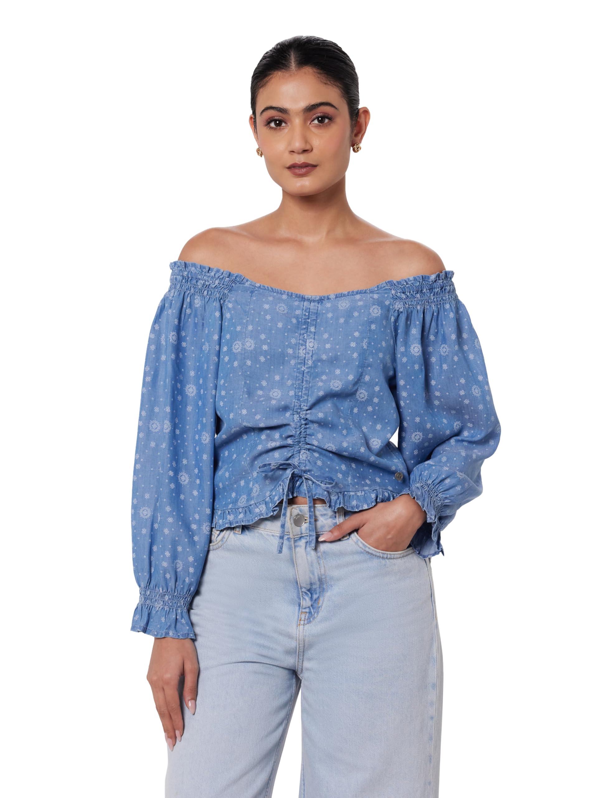 Pepe Jeans Printed Lyocell Round Neck WomenS Shirt (Blue, Xl)