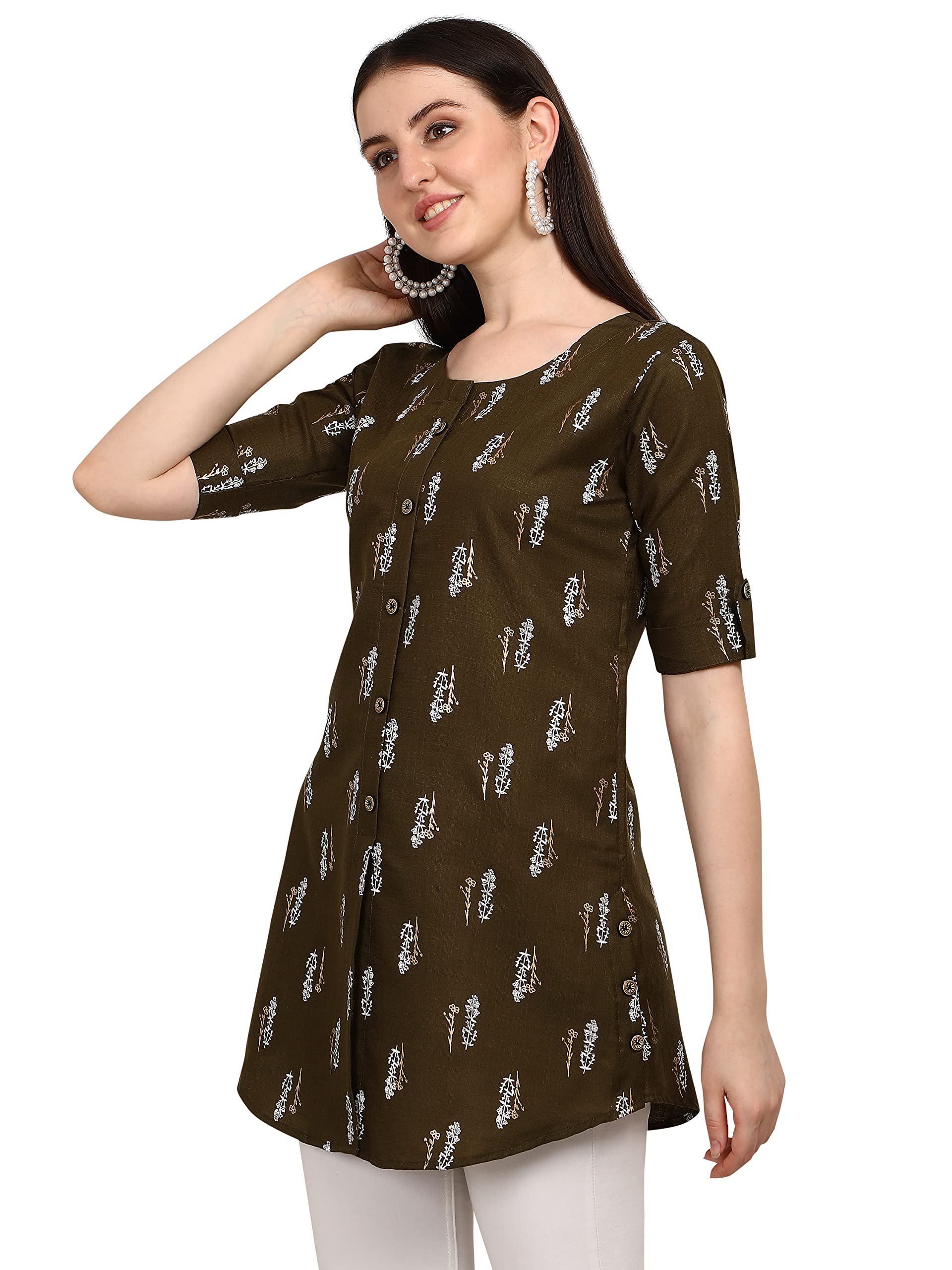 Leriya Fashion Rayon Fabric Printed Round Neck Short Kurtis For Women Top Dresses Kurti For Girls & Ladies Kurtis (Large, Brown)